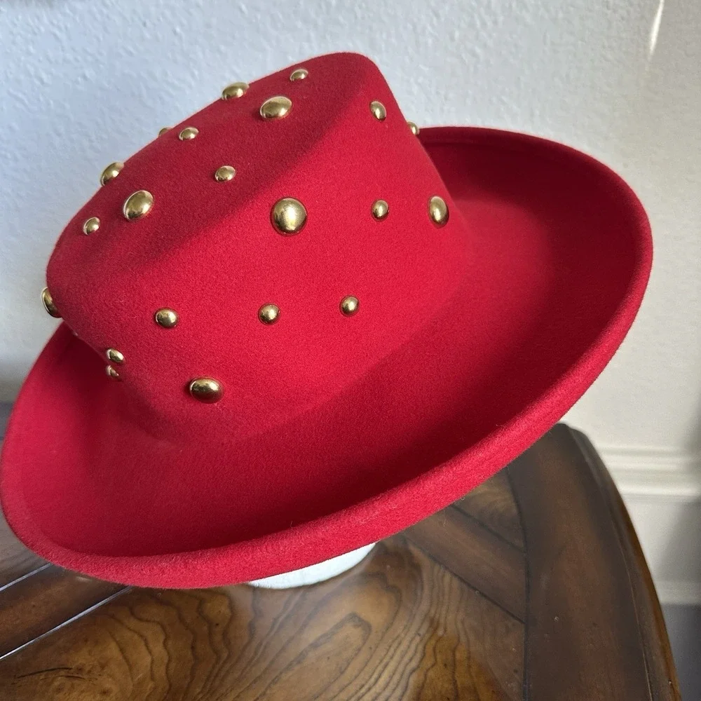 VTG Betmar NY Red Wool Hat 22 Inch Small Gold Stud Fedora Wide Brim USA LiteFelt